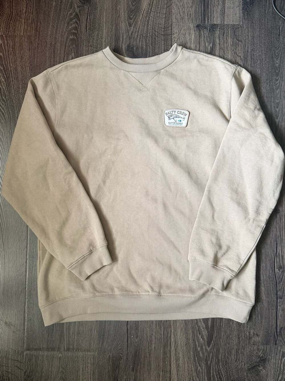 Salty Crew Bait & Tackle Woven Patch Fleece Crewneck Sweatshirt Beige